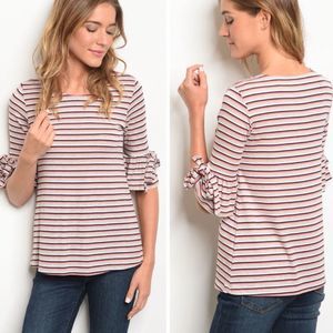 SOFT Pink Striped Ribbed Ruffle Sleeve Top S-M-L